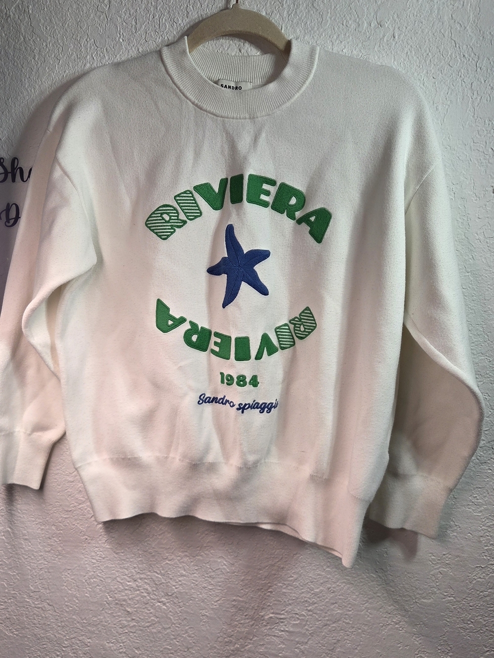 Sandro White Sweatshirt with Green Riviera Text and Blue Star